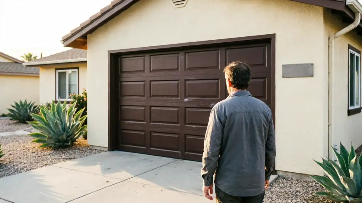 A man stands in front of a brown garage door on a stucco house.