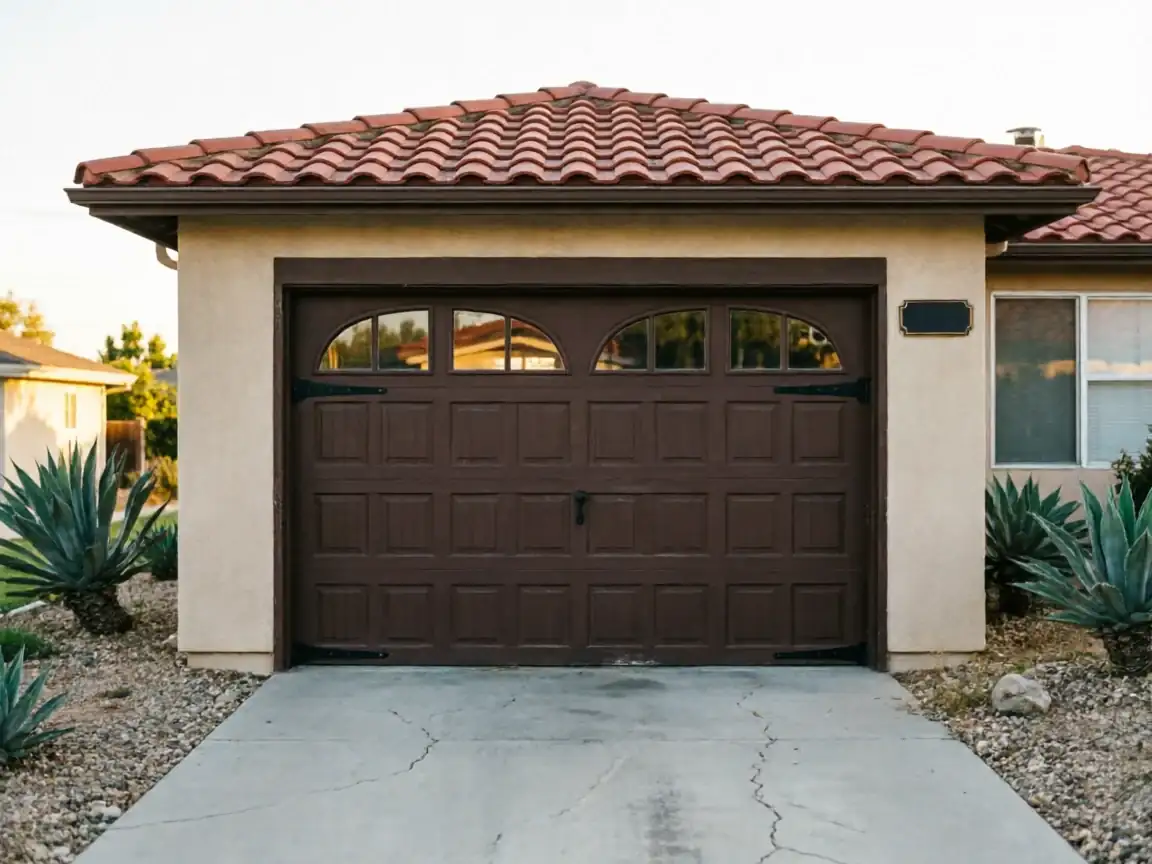 A brown garage door with arched windows is on a house with a red tile roof.
