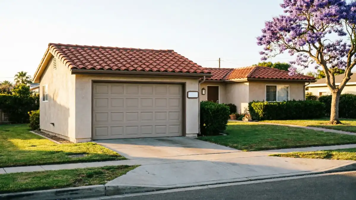 A beige house with a brown garage door and a red tile roof.