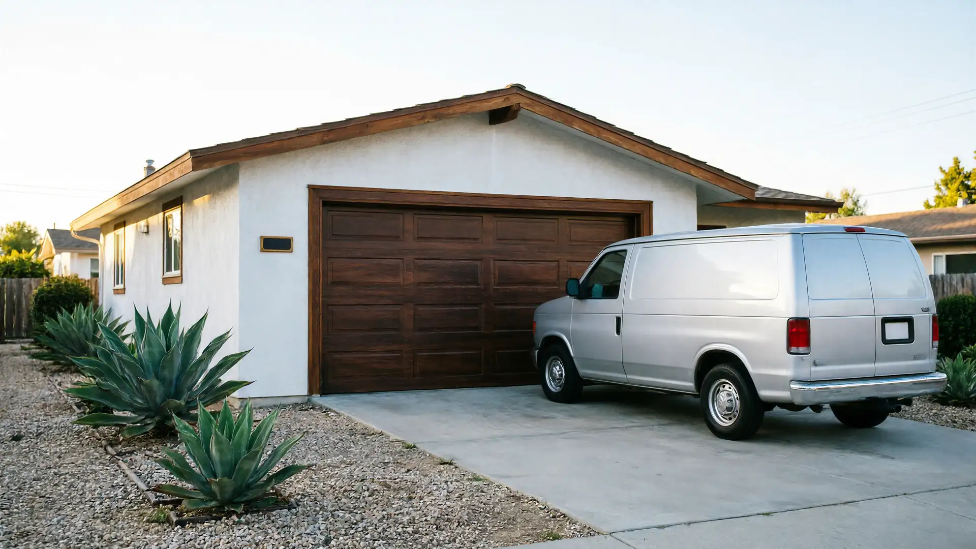 A silver van is parked in front of a house with a brown garage door.