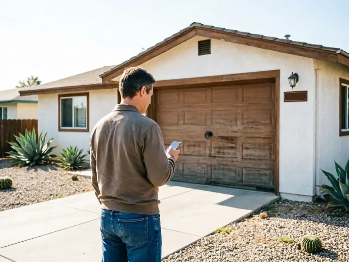 A man stands in a driveway looking at his phone in front of a garage door.