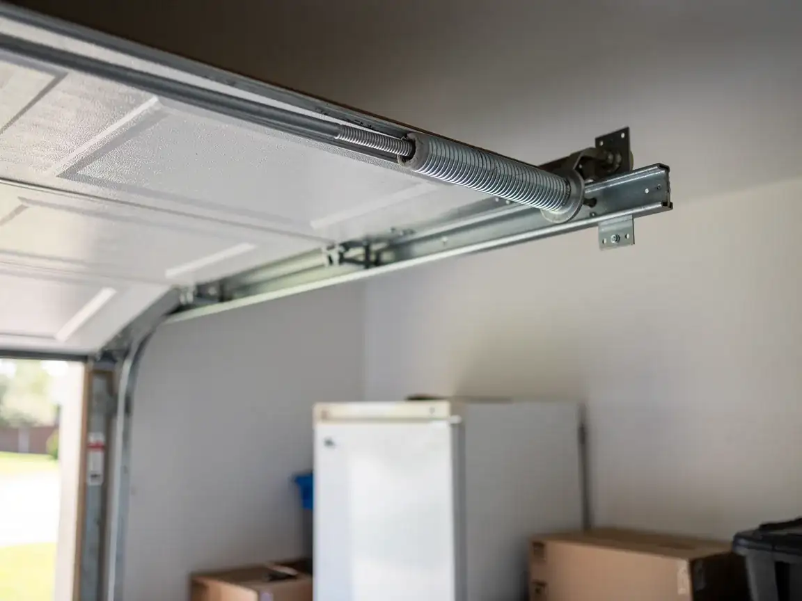 A garage door spring and track are visible from inside the garage.