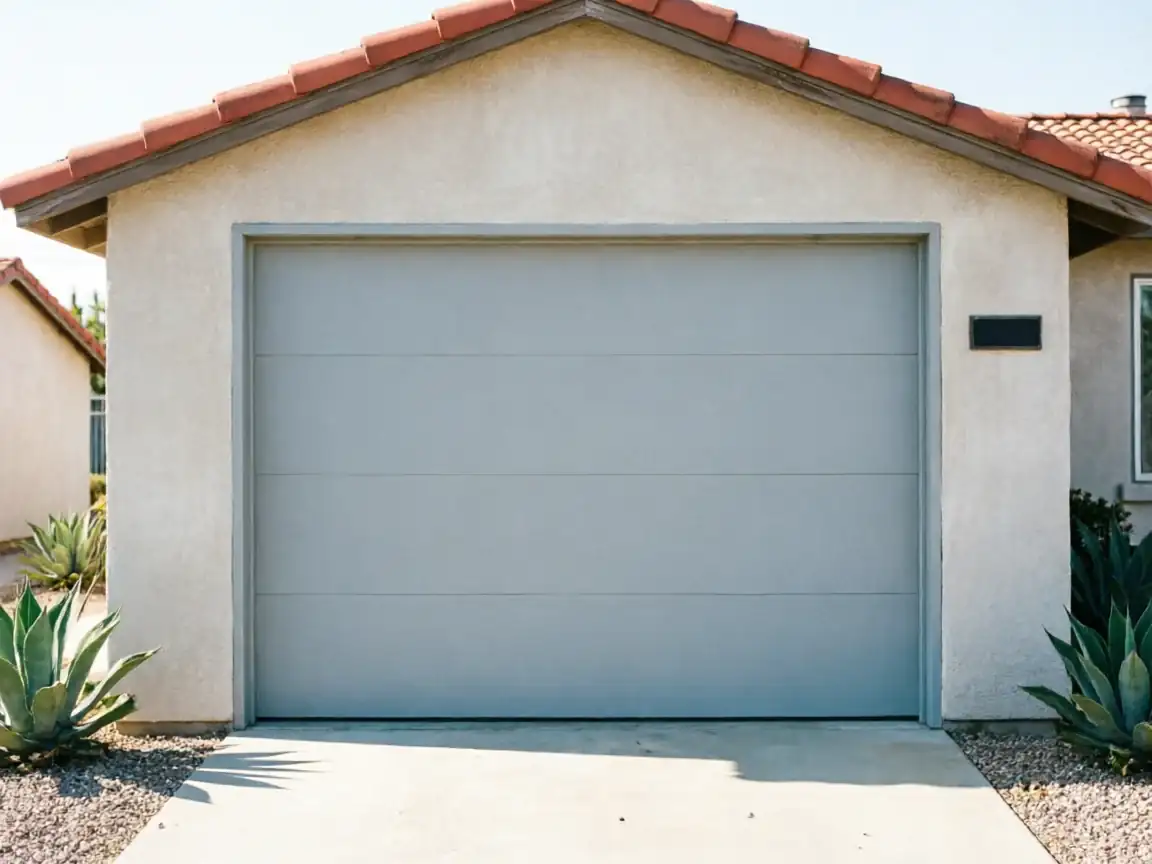 A light gray garage door is on a stucco house with a red tile roof.