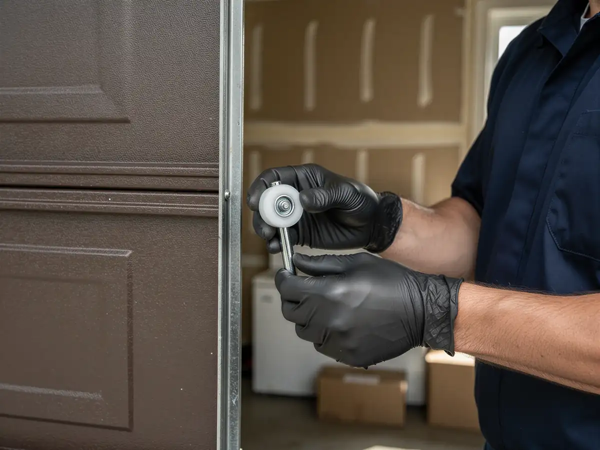A technician wearing black gloves holds a new garage door roller.