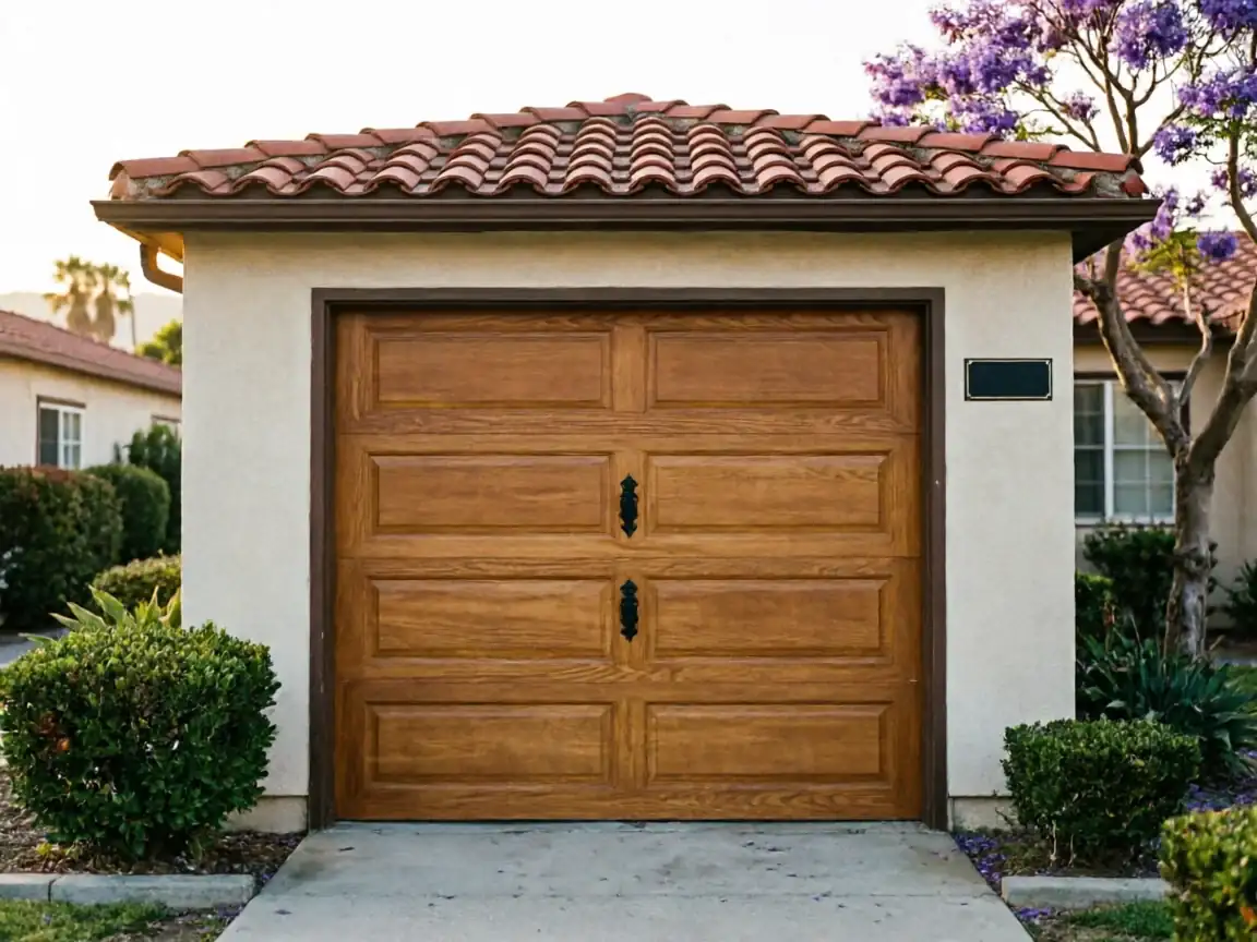 A brown wooden garage door with black handles on a stucco garage.